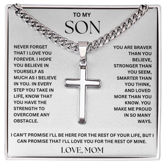 To My Son – Love, Mom Cross on Cuban Link Chain