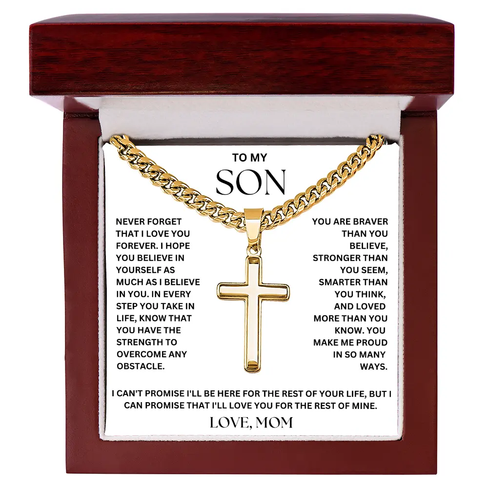 To My Son – Love, Mom Cross on Cuban Link Chain